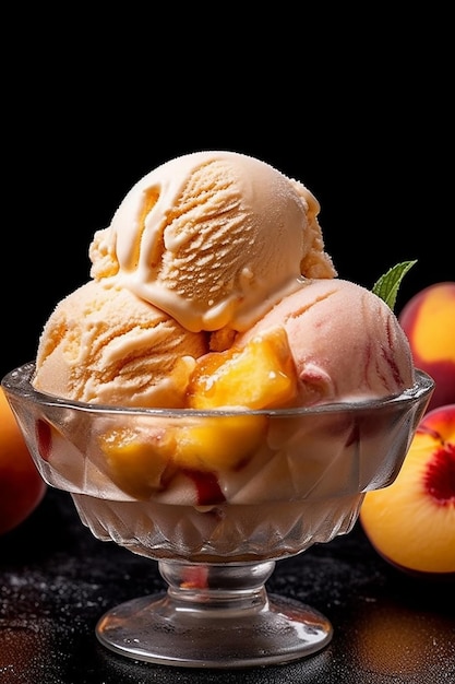 Photo a bowl of peach ice cream with peaches on top