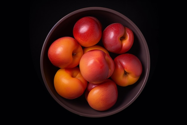 A bowl of peaches on a black background