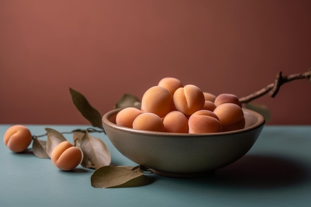 A bowl of peaches on a blue table