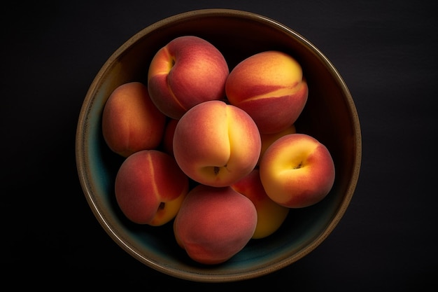 A bowl of peaches is on a black background