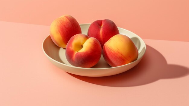 A bowl of peaches on a pink background
