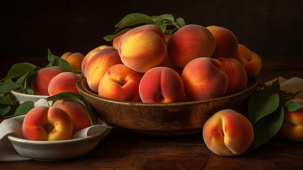 A bowl of peaches sits on a table.