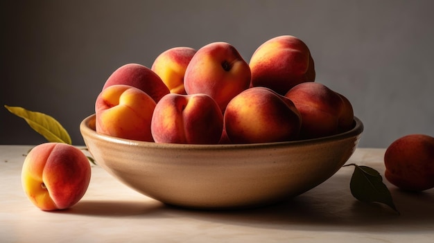 A bowl of peaches on a table