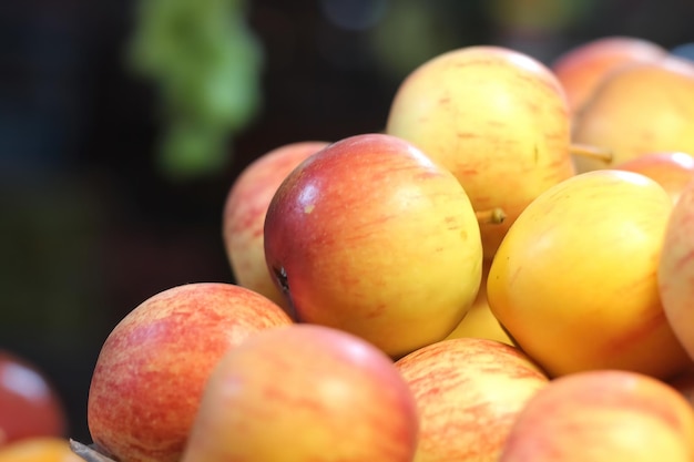 A bowl of peaches with a green vine in the background