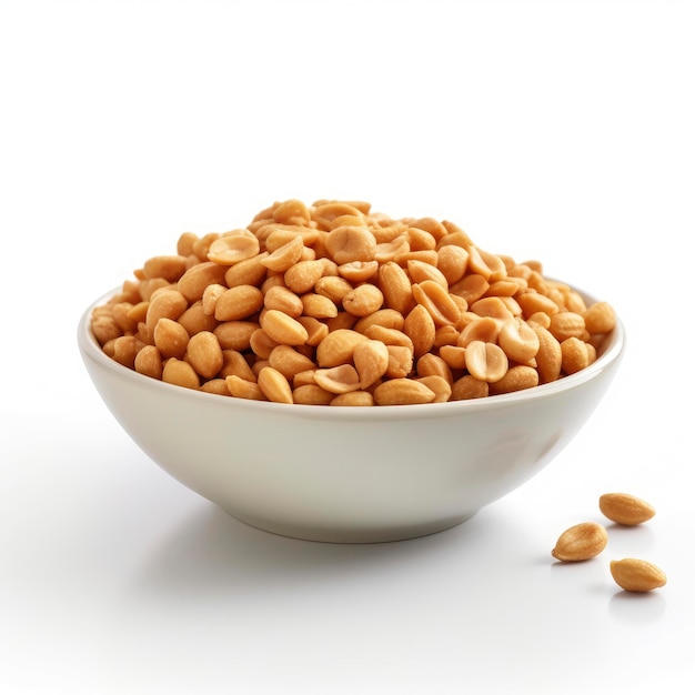 A bowl of peanuts is on a white surface.