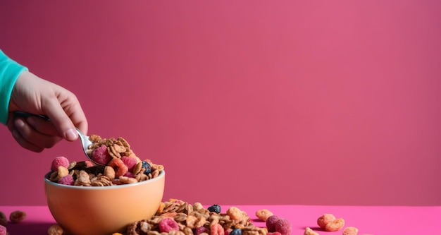 A bowl of peanuts sits on a pink table with a pink background.