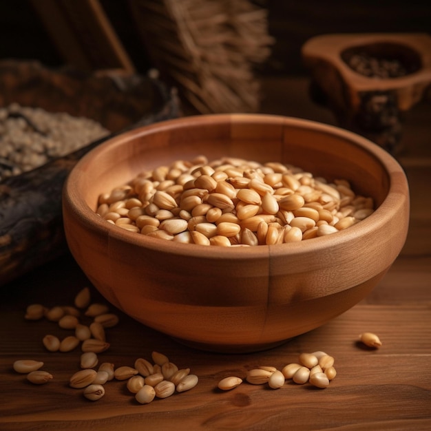 A bowl of peanuts sits on a wooden table.