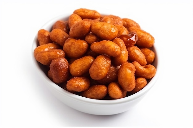 a bowl of peanuts on a white surface