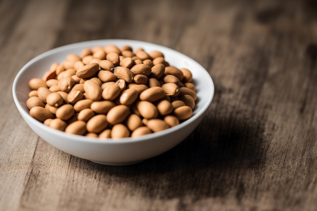 A bowl of peanuts on a wooden table