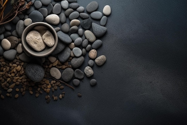 A bowl of pebbles and a pile of pebbles on a dark background