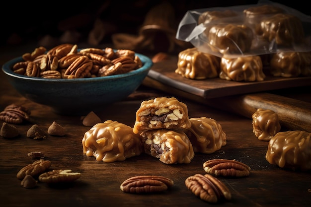 A bowl of pecan pies sits on a table next to a bowl of pecans.