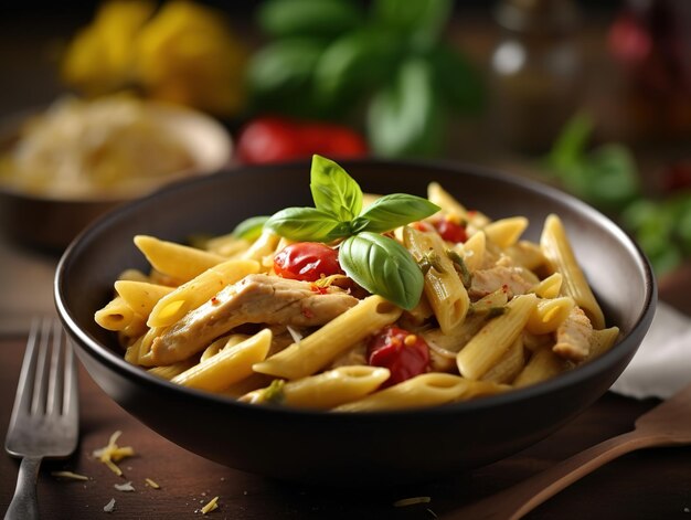 A bowl of penne pasta with chicken and basil