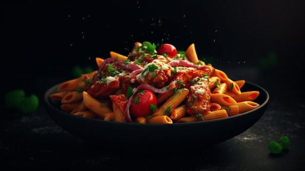 A bowl of penne pasta with tomatoes, onions, and cheese.