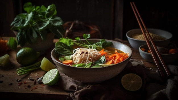 A bowl of pho with a bowl of noodles and a bowl of green vegetables