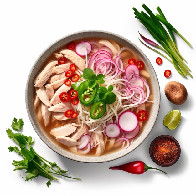 A bowl of pho with a green leaf on the side