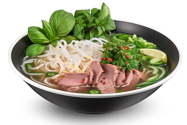 A bowl of pho with meat and vegetables.