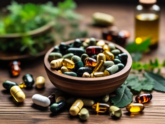 a bowl of pills with a leaf on the table