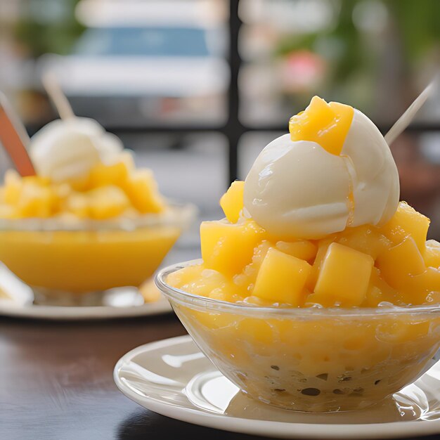 a bowl of pineapple and mango ice cream with a spoon