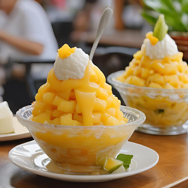 Photo a bowl of pineapple and mango with a spoon in it