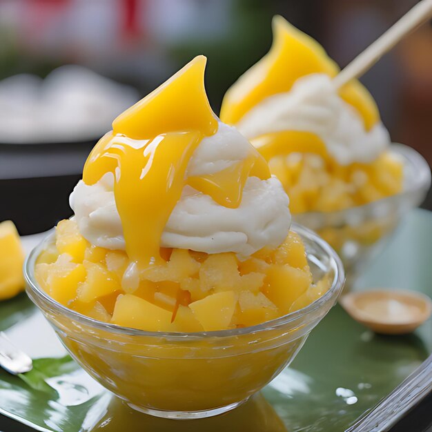 Photo a bowl of pineapple and pineapple ice cream with a stick in it