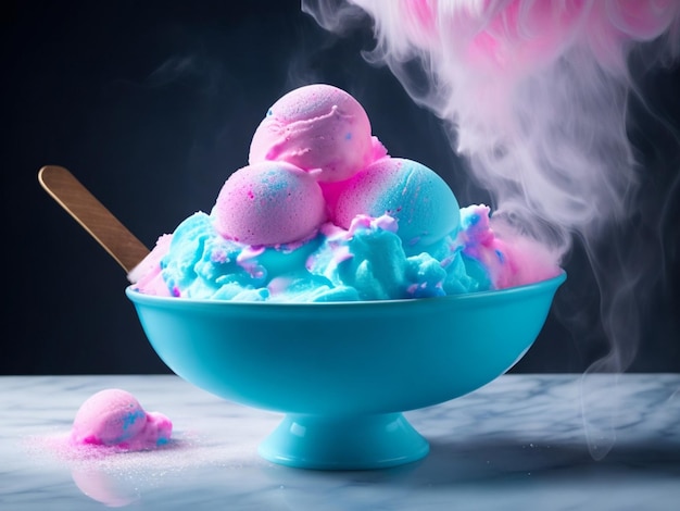 A bowl of pink and blue ice cream with a smoke coming out of it.