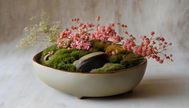 Photo a bowl of pink flowers and moss sits on a table