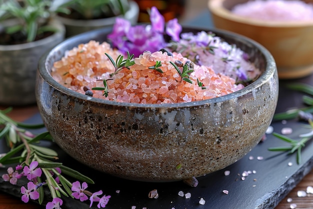 ピンクのヒマラヤ塩とローズマリーとラベンダー花の鉢