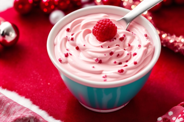 A bowl of pink ice cream with a red berry on top.