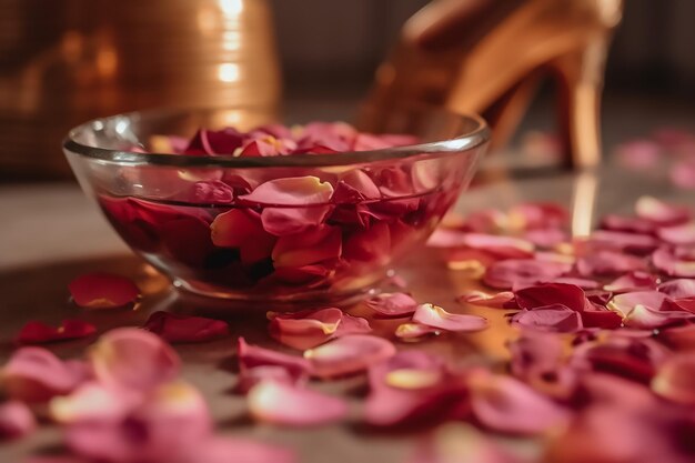 A bowl of pink petals on a table with a bowl of pink flowers.