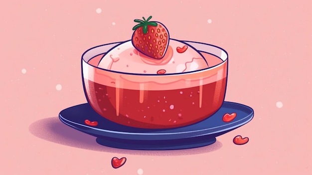 Photo a bowl of pink pudding with a strawberry on top