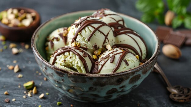 粉されたナッツとチョコレートの雨のピスタチオアイスクリームの一鉢