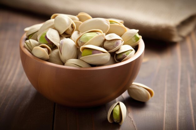 A bowl of pistachios sits on a wooden table.
