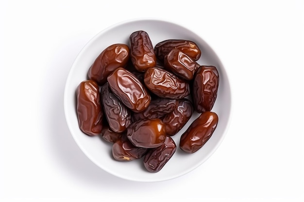 Bowl of pitted dates isolated on white background