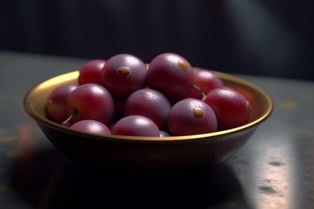 A bowl of plums sits on a table.