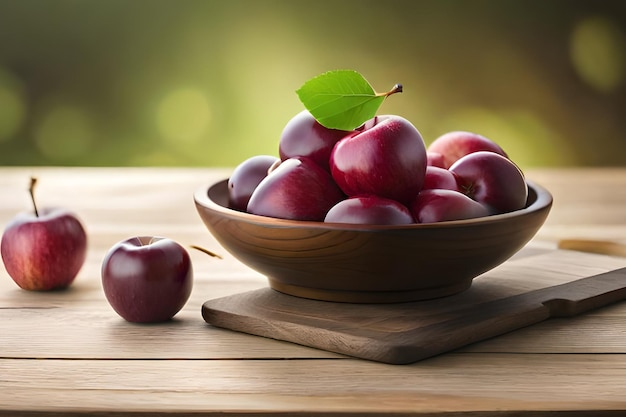 A bowl of plums on a wooden table with a green leaf on the table