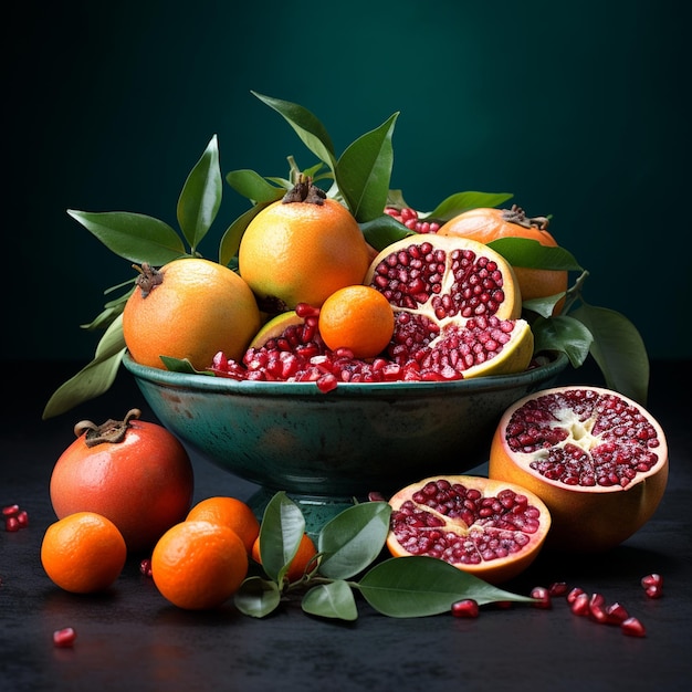 a bowl of pomegranates and pomegranates are on a table