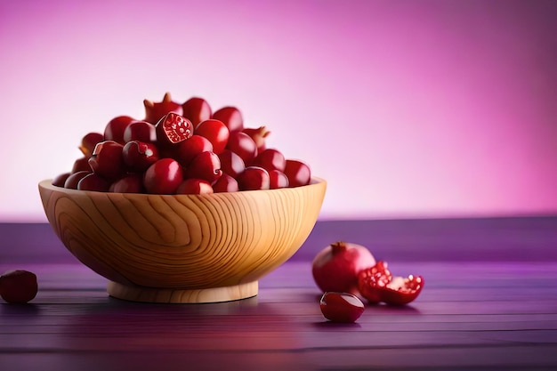 A bowl of pomegranates on a purple background