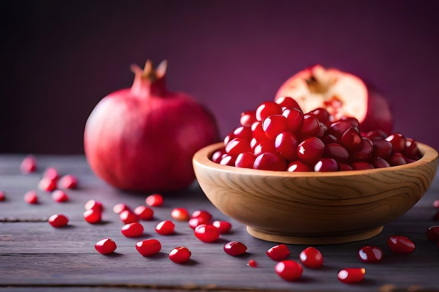 A bowl of pomegranates sits next to a half of a pomegranate.