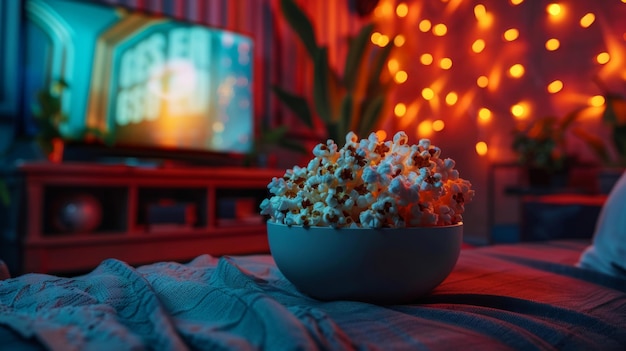 Bowl of Popcorn on Bed