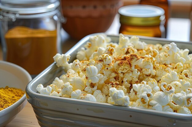 Photo a bowl of popcorn and a bowl of spices