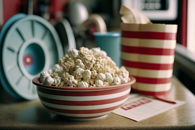 A bowl of popcorn next to a box of popcorn.