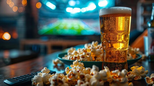 Foto una ciotola di popcorn e un bicchiere di birra sul tavolo