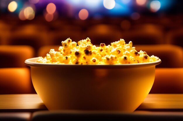 A bowl of popcorn sits on a table in a cinema.