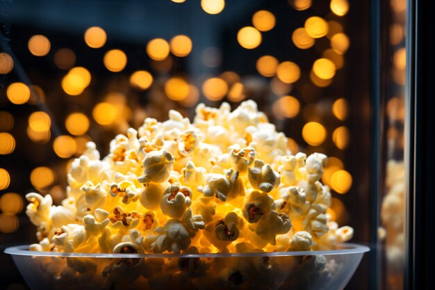 a bowl of popcorn sitting on a table