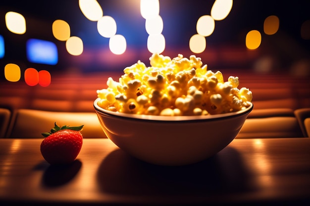 A bowl of popcorn and a strawberry on a table