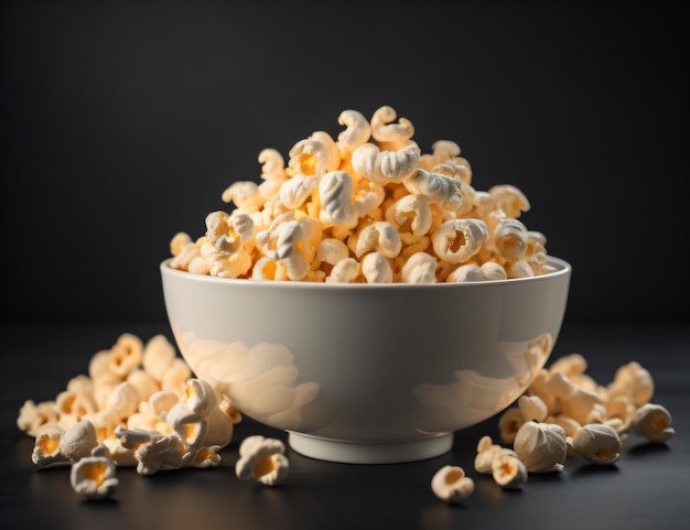 A bowl of popcorn with a black background with generative ai