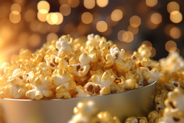 A bowl of popcorn with a gold background