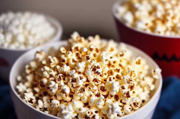 A bowl of popcorn with a red bowl of popcorn in the background.