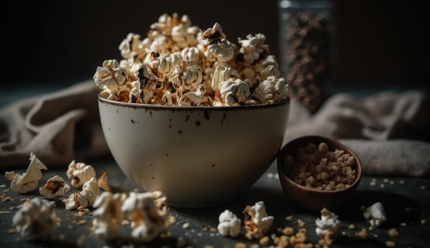 A bowl of popcorn with a spoon next to it