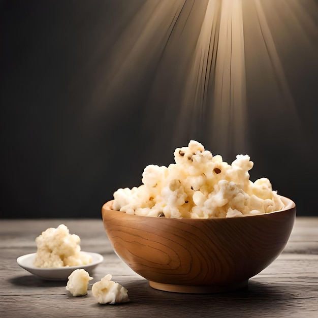 A bowl of popcorn with a spoon next to it